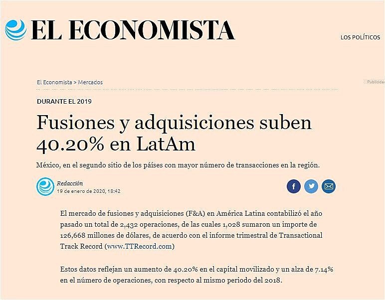 Fusiones y adquisiciones suben 40.20% en LatAm